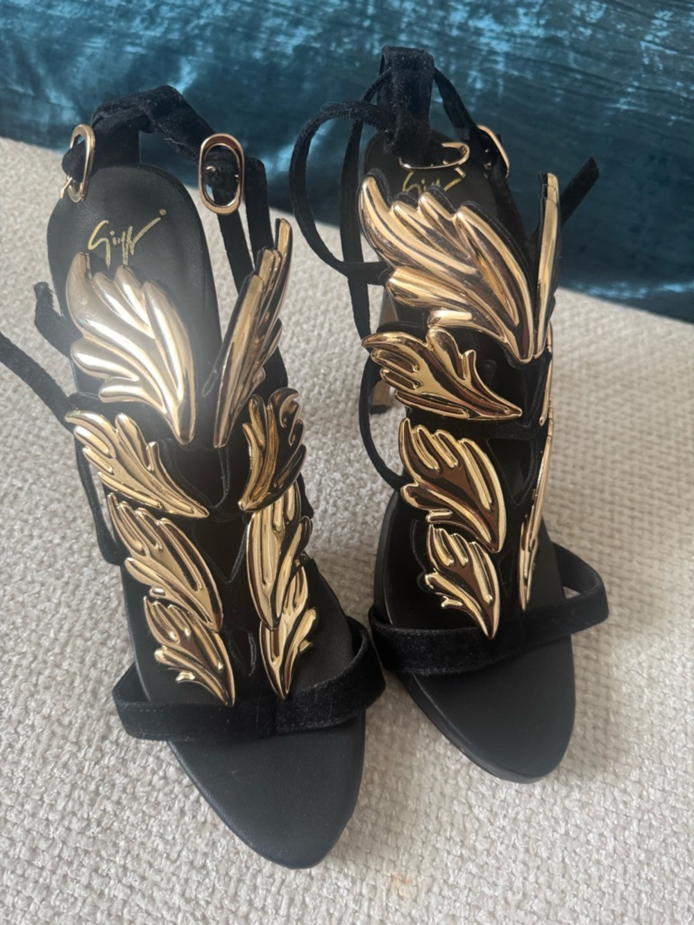 Giuseppe Zanotti Black Velvet Heels with Gold Leaf Accents